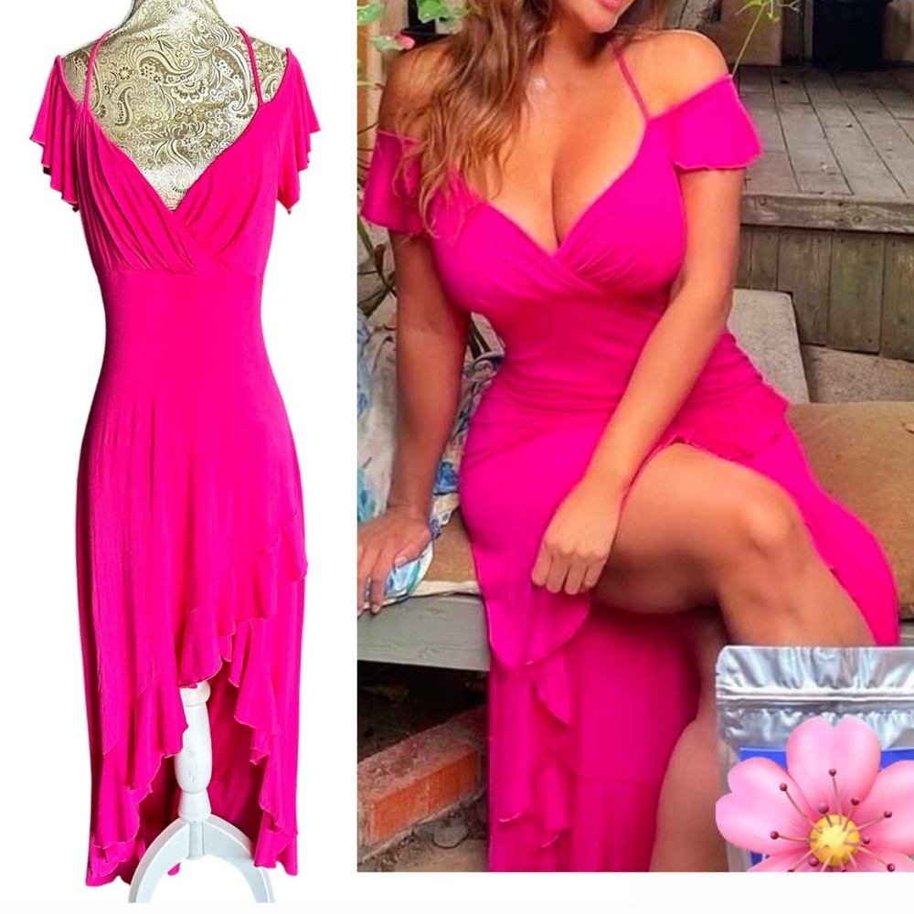 VENUS Sexy Stretch Hot Pink High-Low Summer Vacation Ruffle Dress Size Medium - Picture 1 of 7